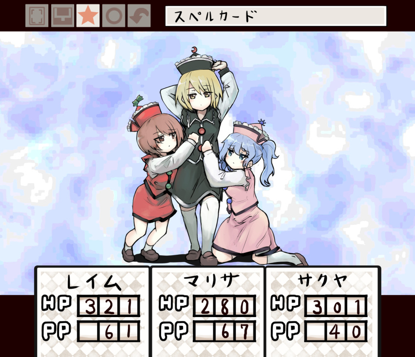 3girls black_hat black_skirt black_vest blonde_hair blue_eyes blue_hair brown_eyes brown_footwear brown_hair buttons collared_vest expressionless full_body ginnkei highres kneehighs kneeling loafers long_sleeves lunasa_prismriver lyrica_prismriver merlin_prismriver mother_(game) mother_3 multiple_girls parody pink_hat pink_skirt pink_vest puffy_sleeves red_hat red_skirt red_vest shoes side_ponytail skirt socks standing thighhighs touhou translation_request vest white_socks yellow_eyes