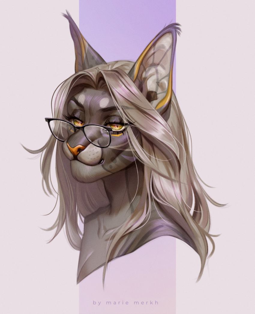 absurd_res anthro artist_name blonde_hair bust_portrait ear_tuft eyelashes eyewear felid female glasses glistening glistening_eyes green_eyes hair hi_res mammal marie_merkh mouth_closed narrowed_eyes orange_nose portrait simple_background solo tuft wearing_glasses