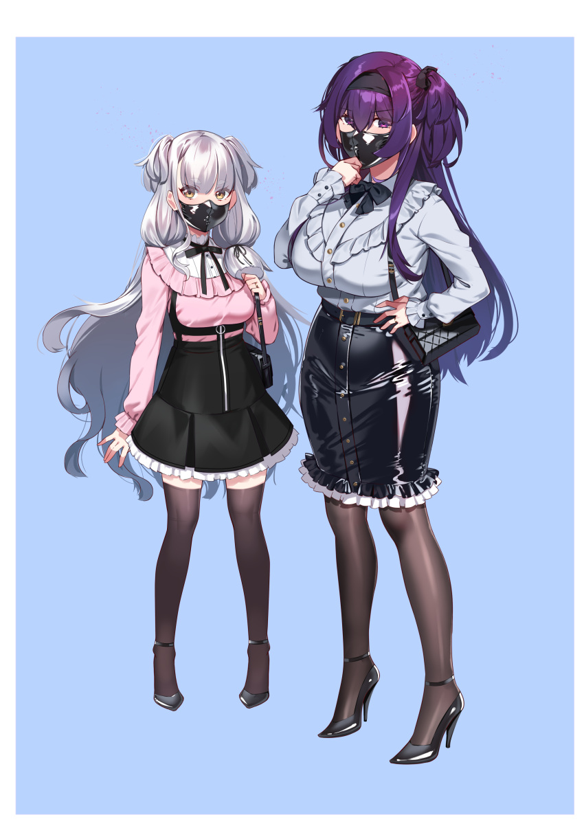 2girls absurdres black_mask black_pantyhose blunt_bangs breasts dress grey_hair hair_ribbon hie_(hiememiko) hiememiko highres kantai_collection large_breasts latex long_hair looking_at_viewer mask mouth_mask multiple_girls murakumo_(kancolle) orange_eyes original pantyhose purple_eyes purple_hair ribbon short_eyebrows sidelocks thighhighs tress_ribbon very_long_hair