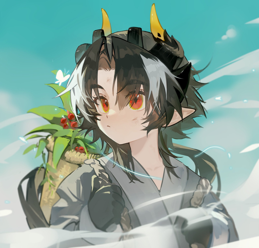 1boy aged_down arknights black_hair black_horns bug butterfly carrying chinese_commentary chong_yue_(arknights) closed_mouth commentary_request dragon_boy dragon_horns energy eyes_visible_through_hair glowing_butterfly grey_hair grey_kimono highres horns japanese_clothes kimono long_hair long_sleeves looking_to_the_side male_focus multicolored_hair orange_eyes plant pointy_ears rope solo streaked_hair tuoshui_fan_fanqie upper_body yellow_horns