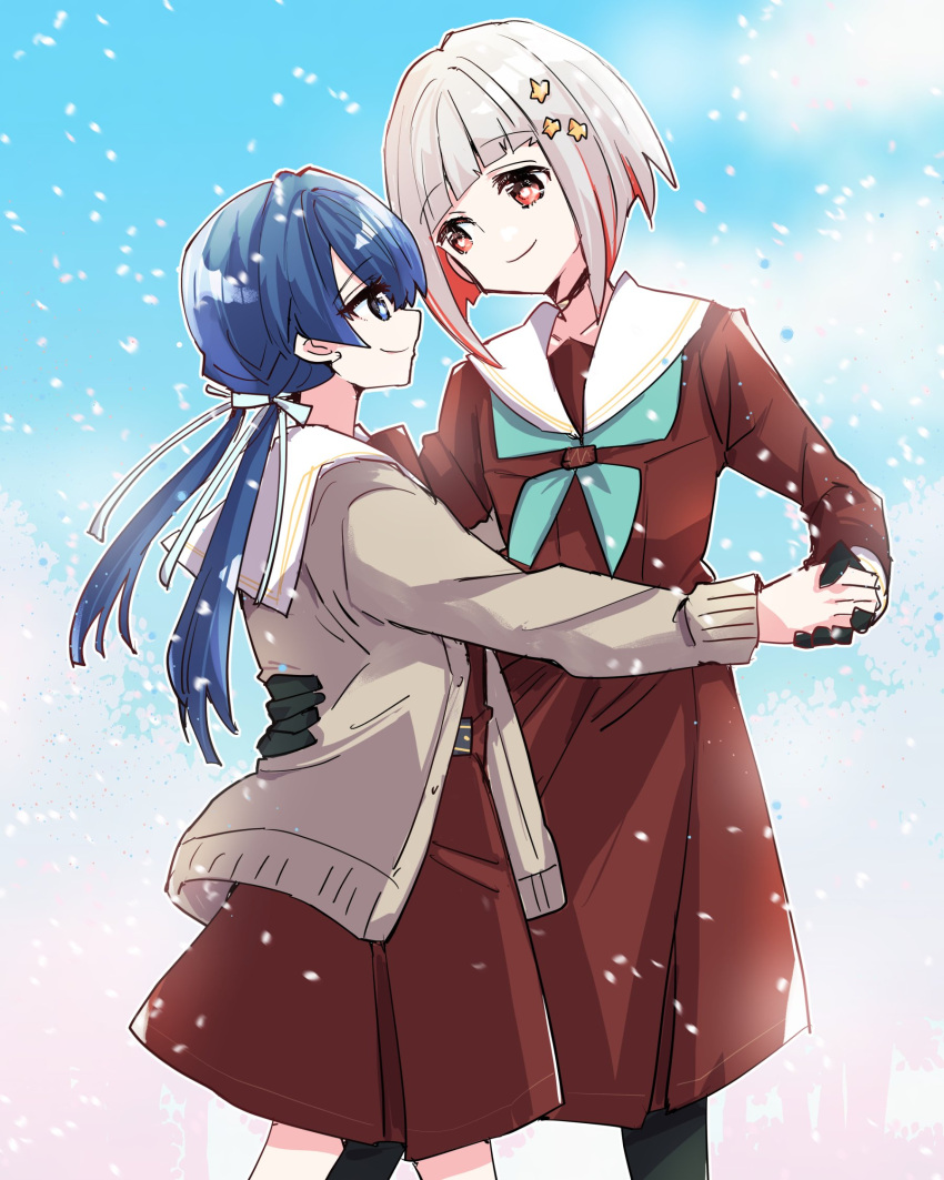 2girls aqua_neckerchief black_choker black_gloves black_pantyhose blue_eyes blue_hair blue_ribbon blue_sky blunt_bangs bob_cut brown_cardigan brown_dress cardigan cherry_blossoms choker collarbone colored_inner_hair commentary dancing dark_blue_hair dollchestra dress eye_contact falling_petals gloves grey_hair hair_ornament hair_ribbon hand_on_another's_back hasu_no_sora_school_uniform highres holding_hands inverted_bob kanduki_kamibukuro link!_like!_love_live! long_hair long_sleeves looking_at_another love_live! low_twintails medium_dress multicolored_hair multiple_girls murano_sayaka neckerchief o-ring o-ring_choker open_cardigan open_clothes pantyhose petals pleated_dress red_eyes red_hair ribbon sailor_collar sailor_dress school_uniform short_hair sideways_mouth sky star_(symbol) star_hair_ornament streaked_hair twintails virtual_youtuber waltz_(dance) white_sailor_collar winter_uniform yugiri_tsuzuri yuri