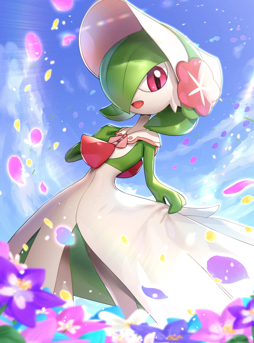 :d absurdres alternate_costume blue_sky bonnet clothed_pokemon colored_skin commentary_request day dress flower gardevoir gardevoir_(fashionable) gen_3_pokemon gonzarez green_hair hand_on_own_chest highres holding holding_clothes holding_dress looking_at_viewer no_humans open_mouth outdoors petals pokemon pokemon_(creature) pokemon_(game) pokemon_unite red_eyes sky slit_pupils smile solo standing white_skin