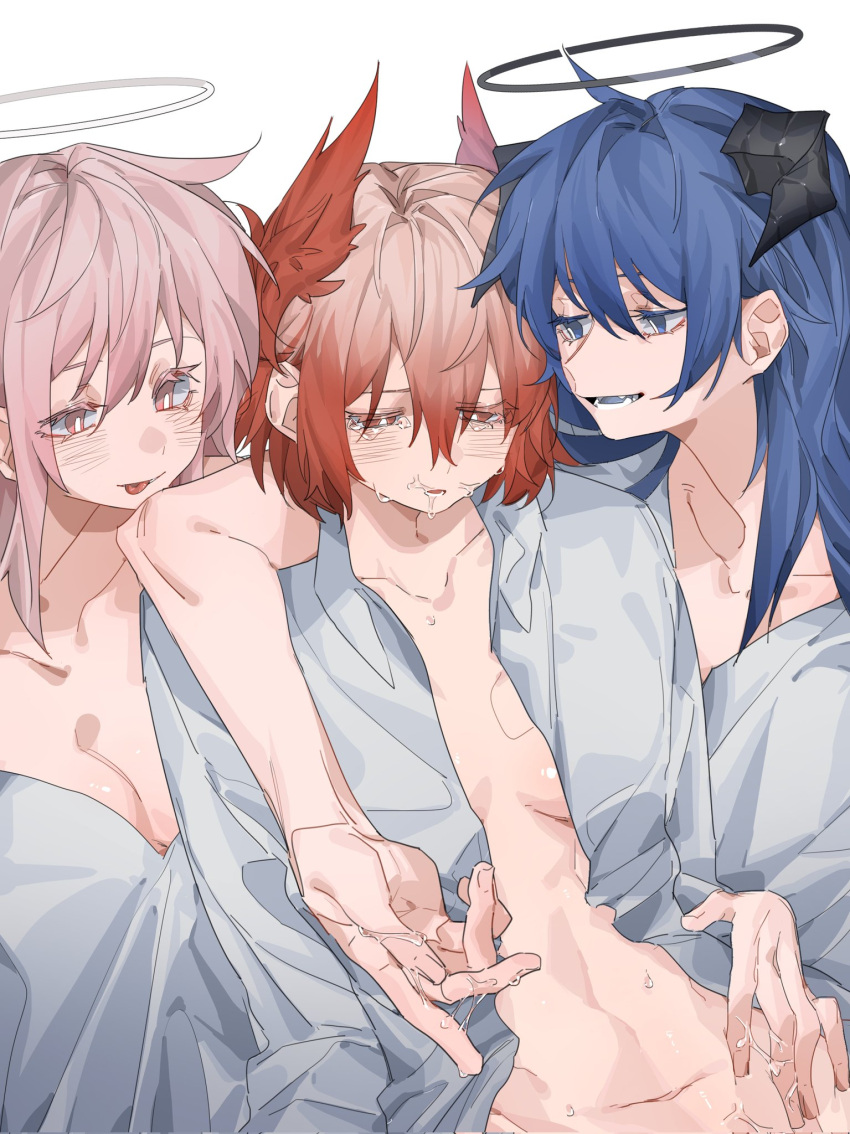 3girls after_fingering arknights arm_around_neck black_halo blue_hair blush breasts cleavage collared_shirt commentary corrupted_twitter_file fang feather_hair fff_threesome fiammetta_(arknights) girl_sandwich group_sex halo hand_on_another's_waist highres horns lemuen_(arknights) long_hair long_sleeves medium_breasts molu_stranger mostima_(arknights) multiple_girls open_clothes open_shirt parted_lips pink_eyes pink_hair pussy_juice pussy_juice_on_fingers red_eyes red_hair sandwiched shirt short_hair simple_background smile tearing_up tears threesome tongue tongue_out upper_body white_background white_shirt yuri