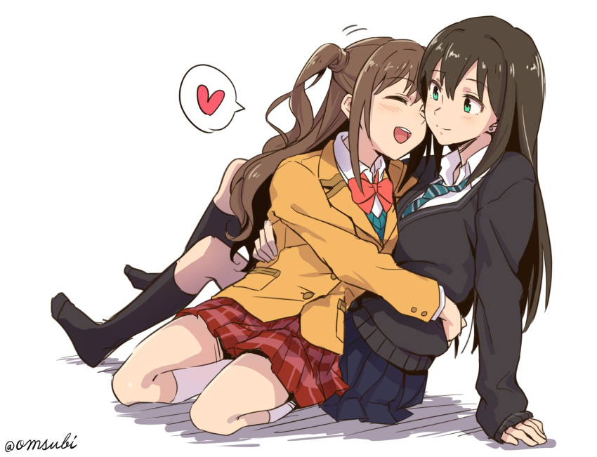 2girls arm_support black_cardigan black_socks blue_skirt blush bow bowtie breasts brown_hair cardigan closed_eyes closed_mouth full_body green_eyes green_necktie green_sweater hair_tie heart highres hug idolmaster idolmaster_cinderella_girls idolmaster_cinderella_girls_starlight_stage jacket knees_up long_hair long_sleeves looking_at_another medium_breasts miniskirt motion_lines multiple_girls necktie no_shoes omsubi one_side_up open_mouth pink_bow pink_bowtie plaid plaid_skirt pleated_skirt red_skirt school_uniform seiza shibuya_rin shimamura_uzuki shirt simple_background sitting skirt smile socks speech_bubble striped_necktie sweater teeth twitter_username upper_teeth_only white_background white_shirt white_socks yellow_jacket yuri