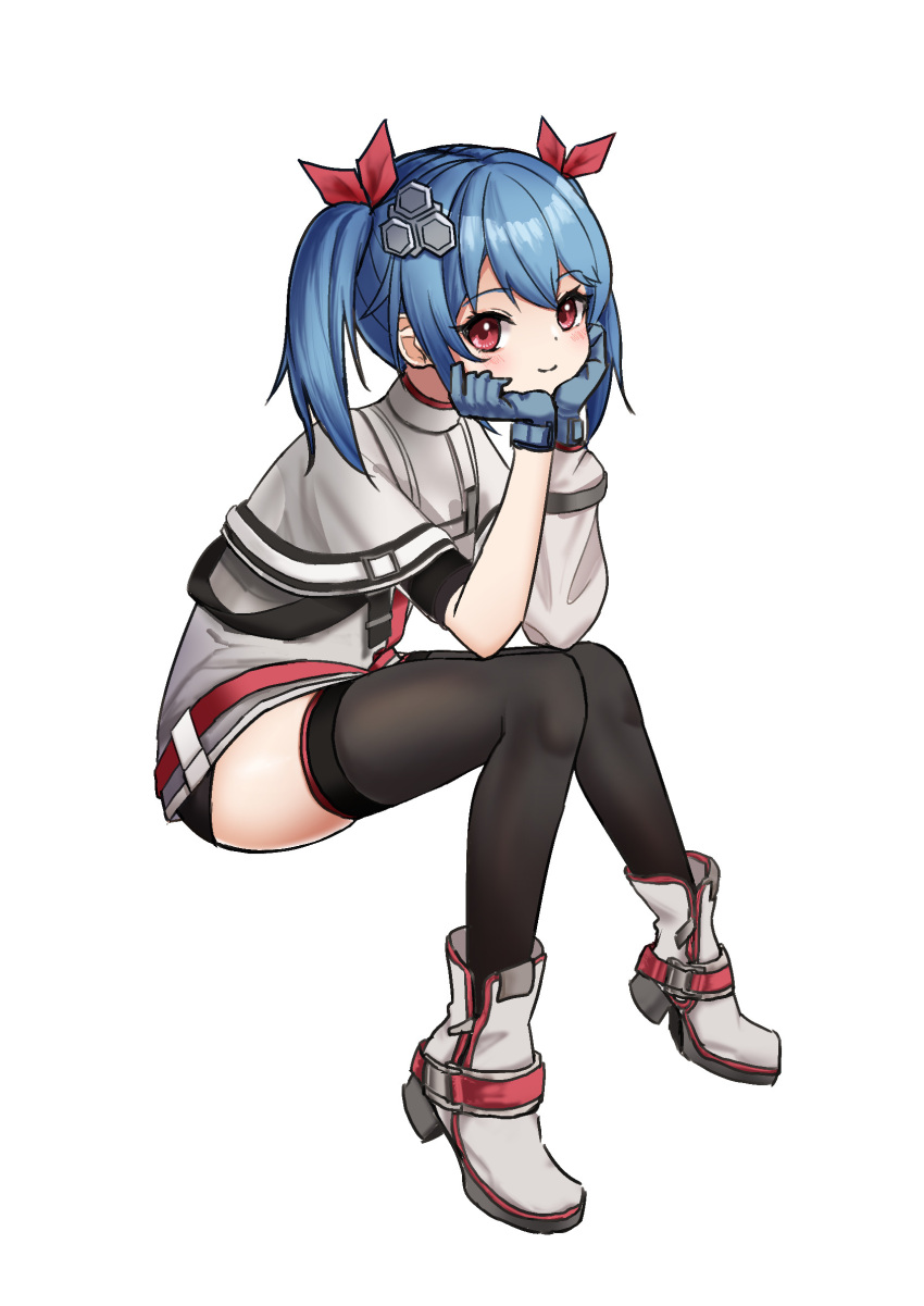 1girl arm_support black_legwear blue_gloves blue_hair boots capelet closed_mouth colphne_(girls'_frontline_2) commentary_request full_body girls'_frontline girls'_frontline_2:_exilium gloves hair_ornament hair_ribbon highres kotayo looking_at_viewer medium_hair red_eyes red_ribbon ribbon shorts sitting smile solo thighhighs twintails white_background white_shorts
