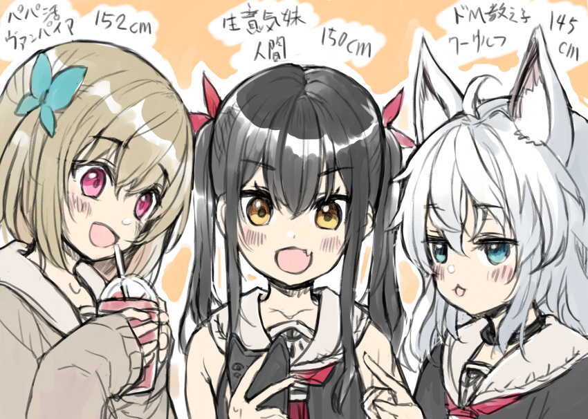 3girls :d black_hair black_shirt blue_eyes blush brown_hair brown_shirt cellphone cup disposable_cup drinking_straw fang grey_hair hair_between_eyes highres holding holding_cup holding_phone long_sleeves minamura_haruki multiple_girls one_side_up orange_background original outline phone phone_with_ears pointing purple_eyes sailor_collar shirt sidelocks sleeveless sleeveless_shirt sleeves_past_wrists smile translation_request twintails white_outline white_sailor_collar yellow_eyes