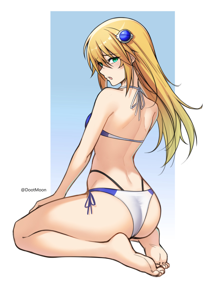 1girl absurdres back barefoot bikini blazblue blonde_hair blue_bikini commentary dootmoon english_commentary from_behind green_eyes highres long_hair looking_at_viewer looking_back noel_vermillion open_mouth seiza sideways_glance sitting soles solo swimsuit twitter_username two-tone_bikini variant_set white_bikini