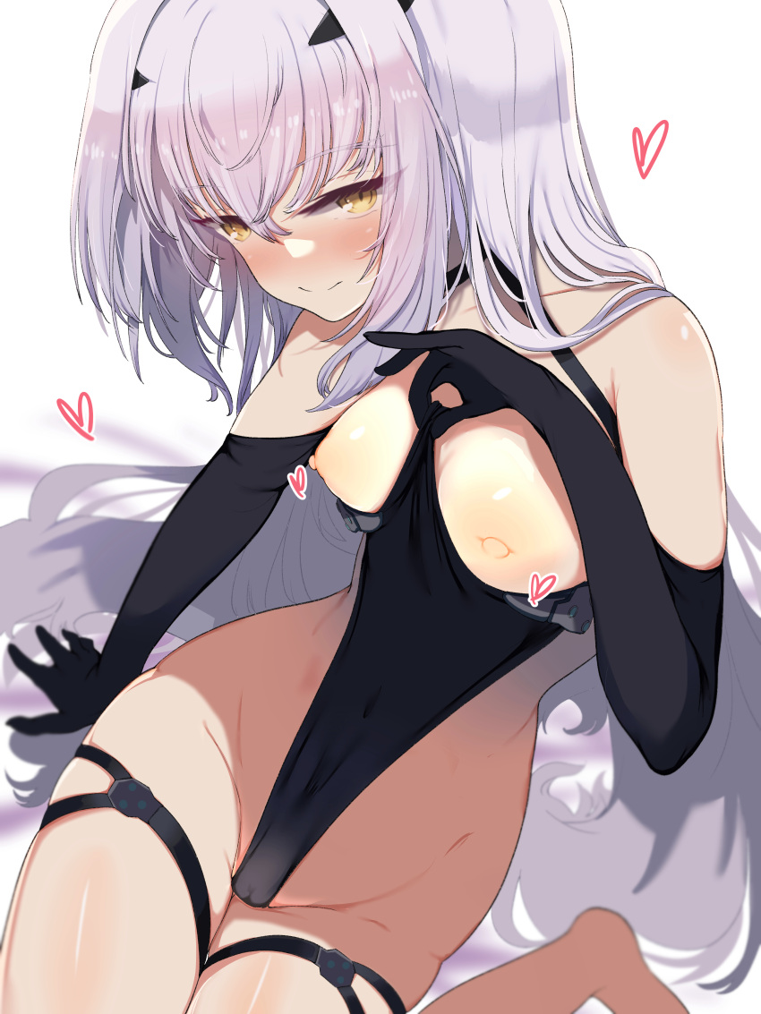 1girl absurdres arm_support bare_shoulders between_breasts black_gloves breasts breasts_out cameltoe clothes_between_breasts covered_navel elbow_gloves fate/grand_order fate_(series) forked_eyebrows gloves heart highres kawa_mura leotard leotard_pull long_hair looking_at_viewer melusine_(fate) nipples pulled_by_self sidelocks sitting smile thigh_strap white_hair yellow_eyes