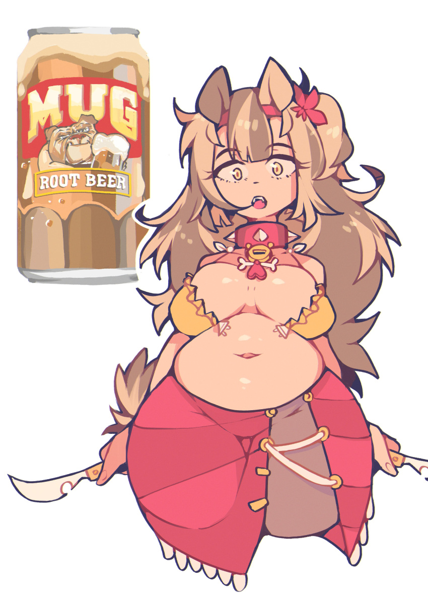 1girl absurdres animal_ears breasts breasts_apart can collar cowboy_shot cropped_legs cup dog dog_girl drink_can dual_wielding english_commentary english_text headband highres holding holding_knife knife large_breasts light_brown_hair long_hair looking_at_viewer mug mug_root_beer navel open_mouth original plump poorsdraws red_collar red_headband red_skirt root_beer simple_background skirt solo spiked_collar spikes straight-on teeth thick_thighs thighs upper_teeth_only white_background yellow_eyes