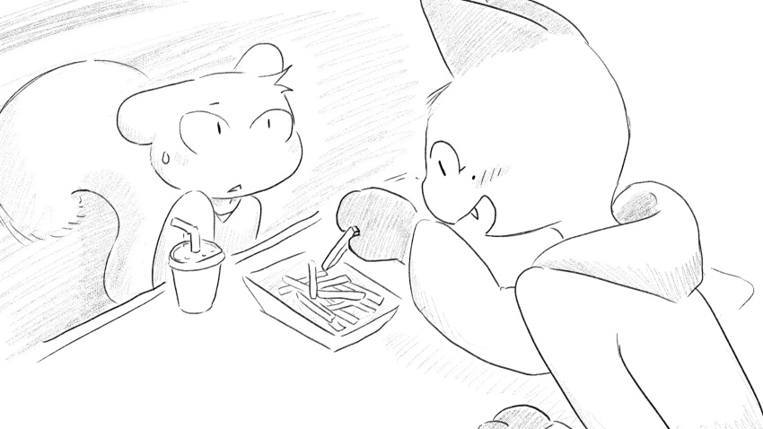 animal_crossing anthro blush bodily_fluids clothed clothing container cup dialogue_in_description domestic_cat dragonweirdo drinking_straw duo felid feline felis female food fries greyscale hi_res holding_food holding_object hoodie male mammal marshal_(animal_crossing) monochrome nintendo olivia_(animal_crossing) open_mouth open_smile rodent sciurid smile sweat sweatdrop topwear tree_squirrel