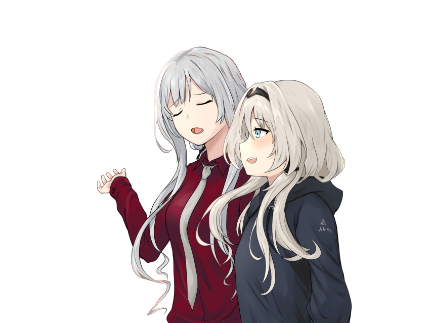 2girls ak-12_(girls'_frontline) an-94_(girls'_frontline) aqua_eyes bangs blonde_hair blue_hoodie blush closed_eyes clov3r eyebrows_visible_through_hair girls'_frontline hairband hand_up highres hood hoodie long_hair looking_at_another multiple_girls necktie open_mouth red_shirt shirt silver_hair talking white_background white_neckwear