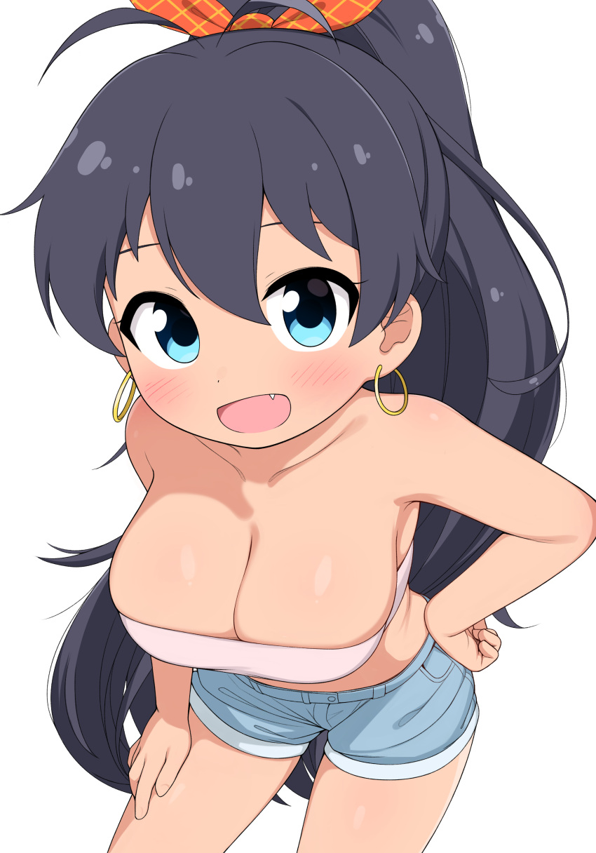 1girl :d absurdres antenna_hair aqua_eyes bare_shoulders black_hair blush breasts cleavage collarbone cowboy_shot denim denim_shorts dot_nose earrings eyelashes fang ganaha_hibiki hair_between_eyes hair_ribbon hand_on_own_hip hand_on_own_thigh high_ponytail highres hoop_earrings idolmaster idolmaster_(classic) idolmaster_million_live! idolmaster_million_live!_theater_days jewelry large_breasts leaning_forward long_hair looking_at_viewer open_mouth pelican_(s030) ribbon shorts sidelocks smile solo tank_top very_long_hair