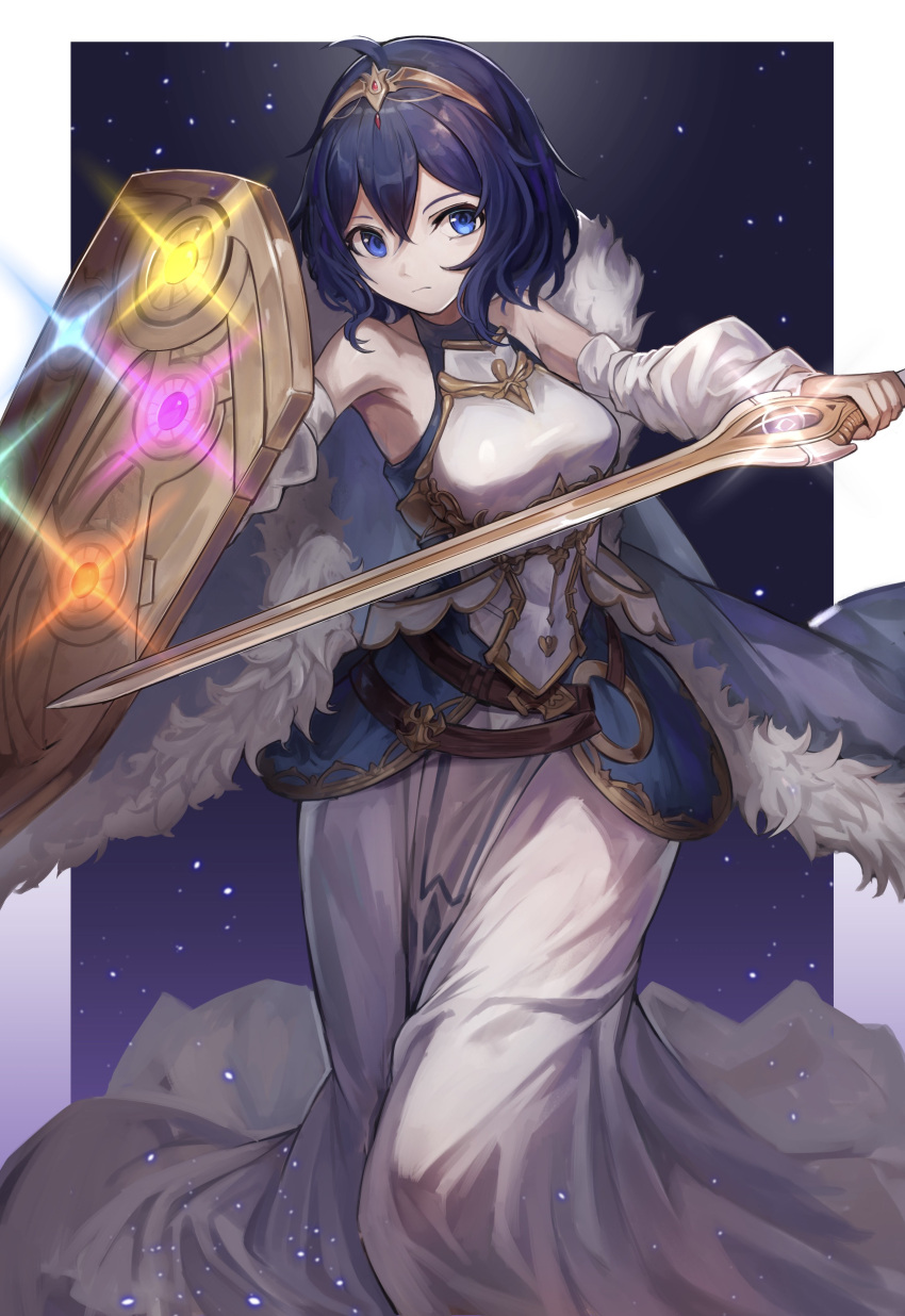 1girl absurdres armor armpit_peek binding_shield blue_background blue_cape blue_eyes blue_hair blue_shirt bob_cut boobplate border breasts cape commentary_request cosplay dark_background detached_sleeves double-parted_bangs dress facing_viewer falchion_(fire_emblem) fire_emblem fire_emblem_awakening fire_emblem_cipher fur-trimmed_cape fur_trim glint gradient_background hair_between_eyes highres holding holding_shield holding_sword holding_weapon light_frown light_particles long_dress lucina_(fire_emblem) lucina_(fire_emblem)_(cosplay) medium_breasts morgan_(female)_(fire_emblem) morgan_(fire_emblem) outside_border popupi_12 purple_background shield shirt short_hair sideways_glance sleeveless sleeveless_shirt solo sword tiara weapon white_armor white_border white_dress white_sleeves