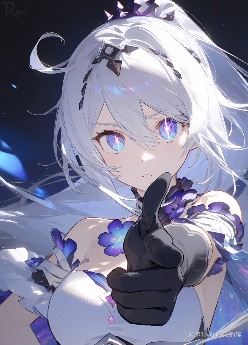 +_+ 1girl ahoge bare_shoulders black_gloves blue_eyes breasts dress gloves highres honkai_(series) honkai_impact_3rd kiana_kaslana kiana_kaslana_(herrscher_of_finality) long_hair looking_at_viewer medium_breasts parted_lips pointing pointing_at_viewer ponytail purple_theme solo symbol-shaped_pupils tiara upper_body very_long_hair white_dress white_hair xiannu_de_miao