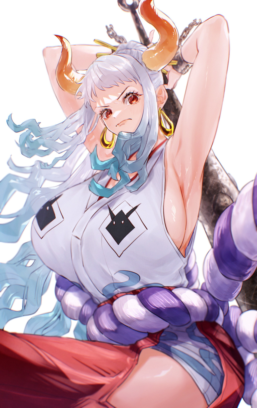 &gt;:( 1girl absurdres alternate_breast_size angry aqua_hair armpits arms_behind_head arms_up bare_arms breasts chain closed_mouth club_(weapon) cuffs curled_horns earrings eyelashes floating_hair frown gigantic_breasts hair_ornament hair_stick hakama highres hip_vent holding holding_weapon hoop_earrings horns japanese_clothes jewelry kanabou kimono lips long_hair looking_at_viewer multicolored_hair multicolored_horns one_piece oni orange_horns red_eyes red_hakama rope sc_scandium shackles shimenawa sideboob sleeveless sleeveless_kimono solo v-shaped_eyebrows weapon white_hair yamato_(one_piece)