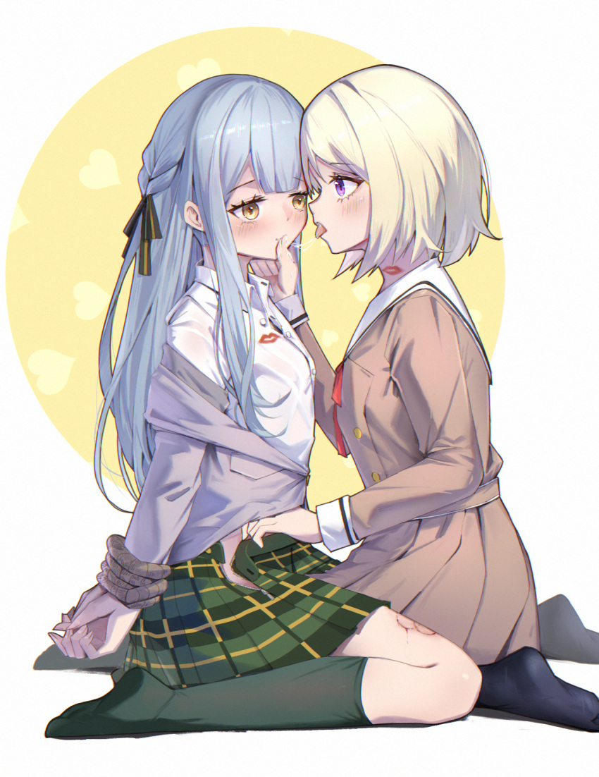 2girls after_kiss bang_dream! bang_dream!_it's_mygo!!!!! bdsm bite_mark black_ribbon black_socks blonde_hair blood blood_on_leg blue_hair blush bondage bound bound_wrists brown_dress collared_shirt commentary_request dress eye_contact full_body fuujin_(windust_michio) green_skirt green_socks grey_jacket hair_ribbon heart highres jacket kneehighs lipstick_mark long_hair long_sleeves looking_at_another medium_hair misumi_uika multiple_girls off_shoulder plaid plaid_skirt pleated_skirt purple_eyes ribbon saliva saliva_trail shirt sitting skirt socks togawa_sakiko tongue tongue_out two-tone_background undressing_another wariza white_background white_shirt yellow_background yellow_eyes yuri