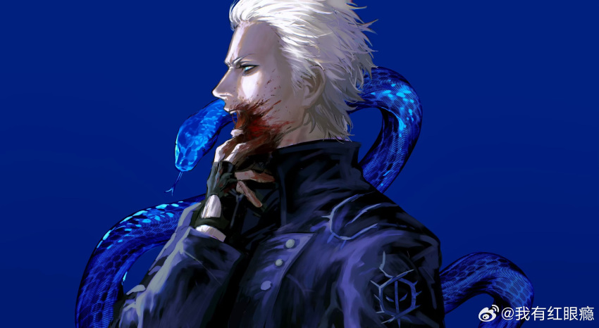 1boy animal animal_around_neck blood blood_from_mouth blood_on_face blue_coat blue_eyes coat demon demon_boy devil_may_cry_(series) devil_may_cry_5 fang fangs fingerless_gloves gloves hair_slicked_back highres holding male_focus open_mouth pale_skin simple_background snake solo vergil_(devil_may_cry) white_hair yun_nian162