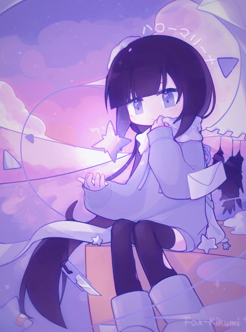 1girl artist_name black_hair black_thighhighs blunt_bangs blush boots box boxcutter closed_mouth cloud commentary english_commentary feet_out_of_frame floating floating_object fox_kikumi grey_eyes grey_sweater hands_up hello_marina_(vocaloid) highres inabakumori long_hair long_scarf long_sleeves looking_at_object no_pants object_floating_above_hand osage_(nukunuku_nigirimeshi) purple_background scarf scarf_pull sitting sitting_on_box snow solo song_name star_(symbol) sweater thighhighs torn_clothes torn_thighhighs very_long_hair white_scarf