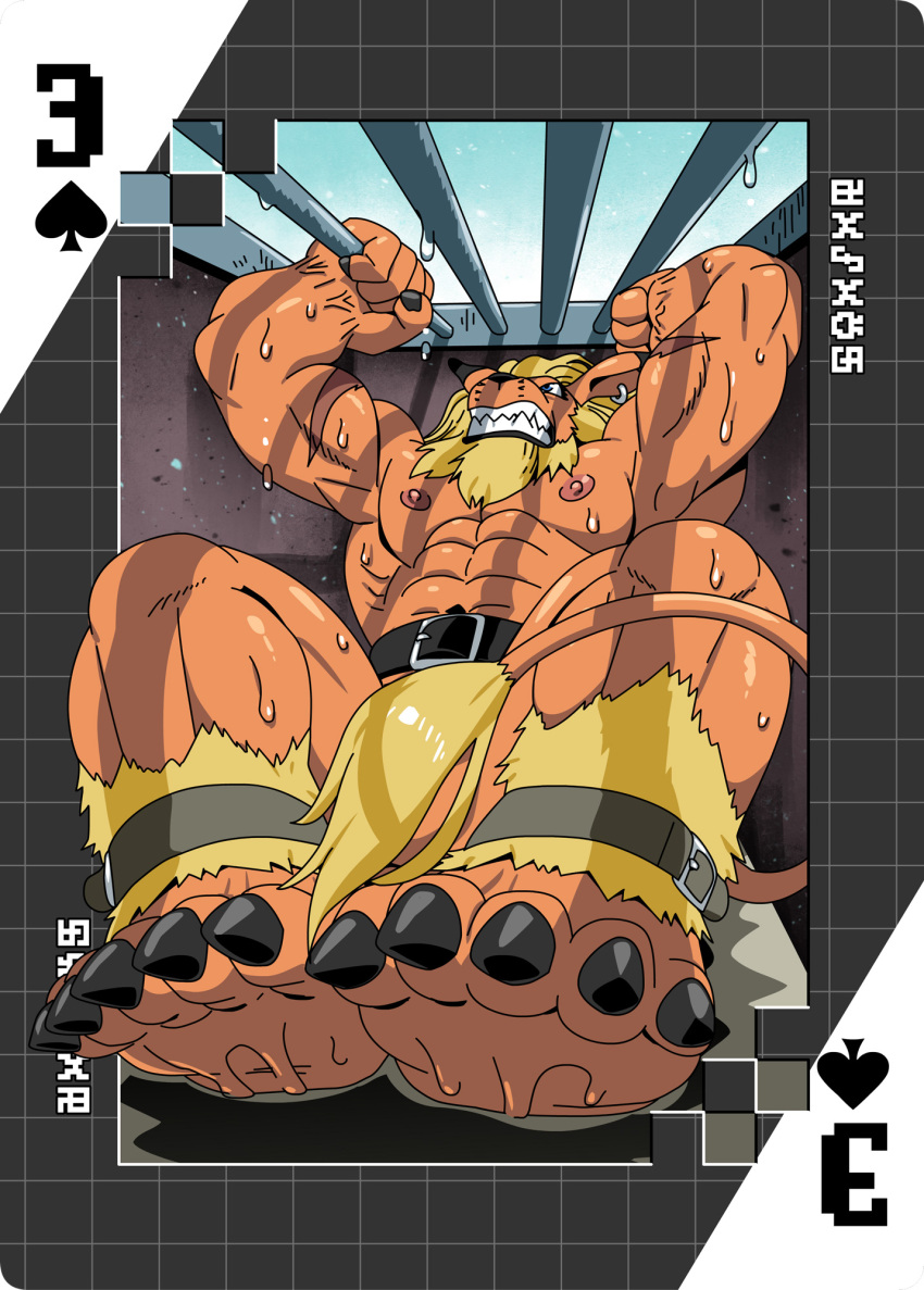 abs anthro bandai_namco blonde_hair bodily_fluids clenched_teeth covering covering_crotch digimon digimon_(species) hair hi_res imprisonment leomon male muscular muscular_anthro muscular_male nipples nude pecs prison prison_bars roaringmoon solo sweat teeth