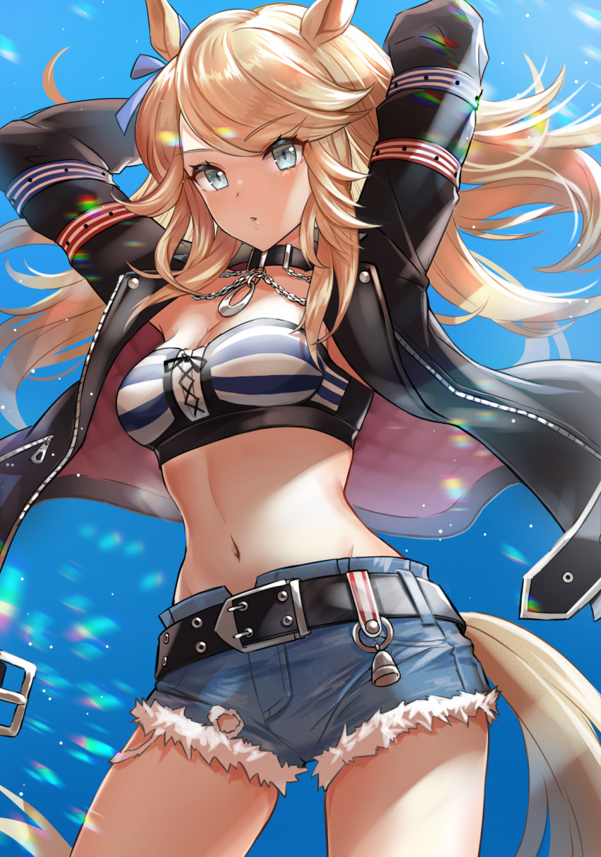 1girl :o animal_ears armpit_peek arms_behind_head arms_up bandeau bangs bell belt belt_buckle black_choker black_jacket blonde_hair blue_eyes blue_shorts breasts buckle choker cleavage contrapposto cowboy_shot crop_top cutoffs denim denim_shorts eyebrows_visible_through_hair floating_hair gold_city_(umamusume) highres horse_ears horse_girl horse_tail jacket jewelry kiki-yu long_hair long_sleeves looking_at_viewer medium_breasts midriff navel necklace open_clothes open_jacket parted_lips short_shorts shorts solo sports_bra stomach strapless studded_belt tail tubetop umamusume