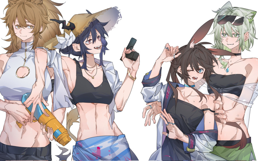 4girls abs amiya_(arknights) animal_ear_fluff animal_ears arknights bare_arms black_bra black_choker black_dress black_sports_bra blonde_hair blue_choker blue_eyes blue_hair bra bracelet breasts bright_pupils brown_hair cat_ears ch'en_(arknights) choker cleavage cleavage_cutout clothing_cutout commentary corrupted_twitter_file cropped_shirt dragon_horns dragon_tail dress eyewear_on_head green_eyes green_hair green_skirt gun hat highres holding holding_gun holding_water_gun holding_weapon horns jewelry kal'tsit_(arknights) lion_ears long_hair midriff molu_stranger multiple_girls multiple_rings necklace off_shoulder one_eye_closed open_clothes open_mouth open_shirt ponytail rabbit_ears red_eyes ring sarong shirt sidelocks siege_(arknights) simple_background skirt sleeveless sleeveless_shirt sports_bra strap_slip straw_hat sun_hat sunglasses tail underwear upper_body water_gun weapon wet white_background white_pupils white_shirt yellow_eyes