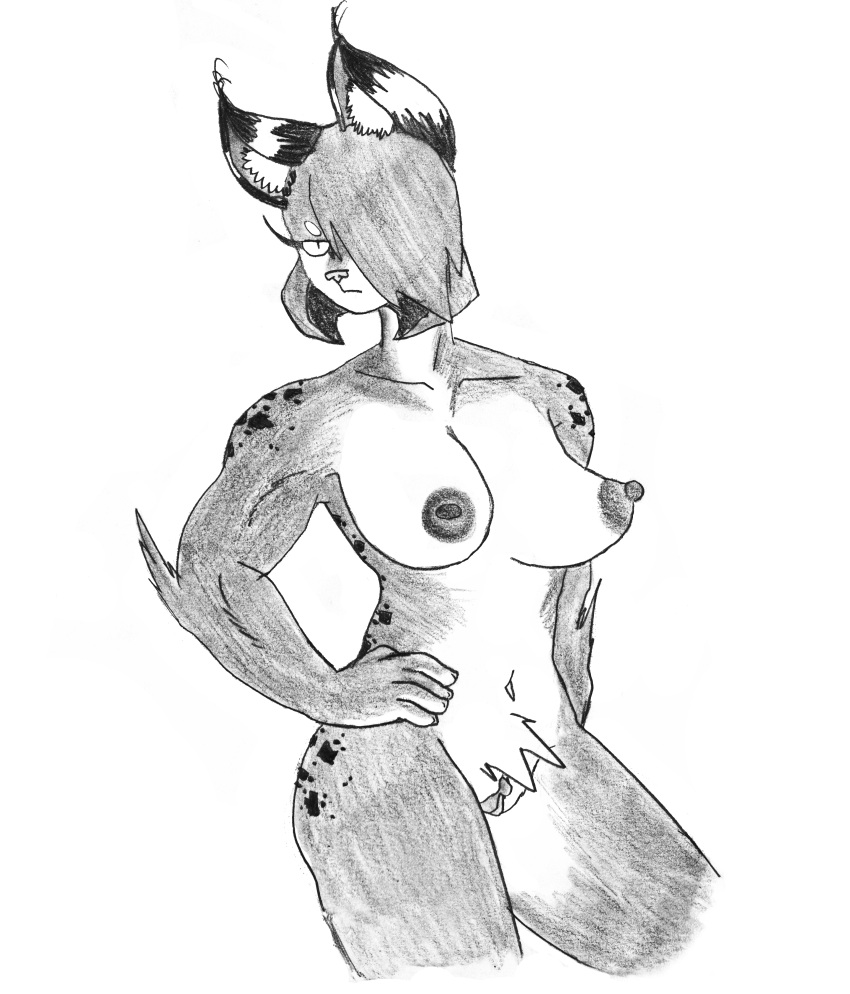 absurd_res anthro areola arm_tuft big_breasts big_ears big_hands bobtail breasts chest_tuft ear_tuft efradraws eyebrows felid feline female fur genitals graphite_(artwork) hair hi_res inner_ear_fluff lynx mammal markings monochrome navel nipples northwind_(efradraws) nude one_eye_obstructed pencil_(artwork) pubes pupils pussy short_hair short_tail shoulder_tuft simple_background sketch slit_pupils solo spots spotted_body spotted_fur tail thick_eyebrows thick_thighs traditional_media_(artwork) tuft white_background wide_hips yamane_(efradraws)