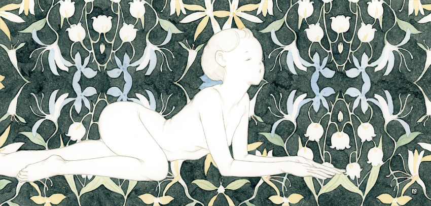 1girl blonde_hair breasts closed_eyes completely_nude feet feet_out_of_frame floral_background flower kst1911 long_fingers nude original painting_(medium) patterned_background petite short_hair small_breasts solo traditional_media very_short_hair watercolor_(medium)