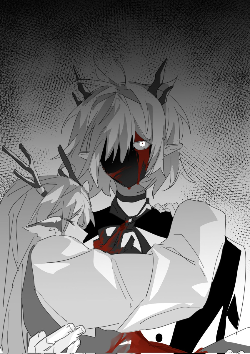 2girls alina_(arknights) animal_ears antlers arknights blood blood_on_clothes blood_on_face carrying closed_eyes commentary corrupted_twitter_file deer_antlers deer_ears greyscale hair_over_one_eye hand_on_another's_shoulder highres horns long_hair long_sleeves molu_stranger monochrome multiple_girls pointy_ears princess_carry short_hair spot_color talulah_(arknights)