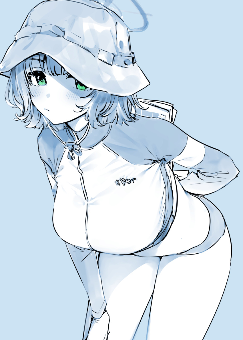 1girl bare_legs blue_archive blue_theme blush breasts bucket_hat goshiki_suzu green_eyes halo hat highres large_breasts looking_at_viewer monochrome official_alternate_costume raglan_sleeves rash_guard saki_(blue_archive) saki_(swimsuit)_(blue_archive) short_hair solo thighs