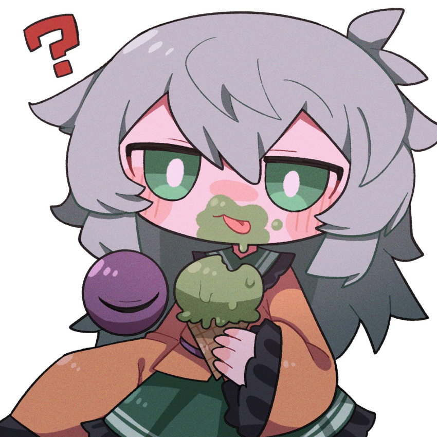 1girl :3 :p ? bright_pupils collar eyeball food food_on_face green_collar green_eyes green_skirt grey_hair highres holding holding_food ice_cream komeiji_koishi long_hair long_sleeves looking_at_viewer no_headwear shirt simple_background skirt smile solo third_eye tongue tongue_out touhou upper_body white_background wide_sleeves yellow_shirt zunusama