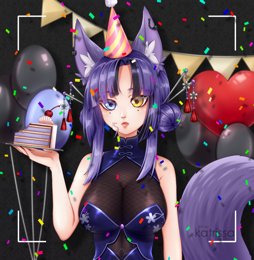 1girl animal_ear_fluff animal_ears artist_name awful_queen_(vtuber) balloon breasts cake food fox_ears fox_girl fox_tail hair_ornament hat heterochromia highres indie_virtual_youtuber kanzashi katrissa looking_at_viewer mole mole_under_eye monster_girl party_hat purple_hair tail