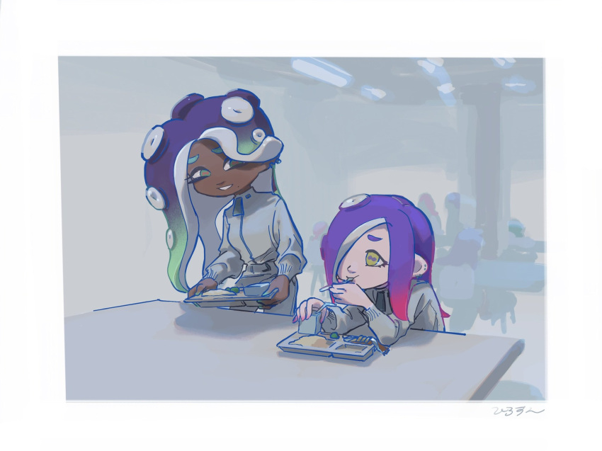 2girls border cafeteria cephalopod_eyes colored_tips commentary_request dark-skinned_female dark_skin eating furrowed_brow green_eyes green_hair grey_sweater highres holding holding_spoon hrrrrsn indoors long_hair marina_(splatoon) medium_hair multicolored_hair multiple_girls octoling pink_hair purple_hair red_pupils smile splatoon_(series) splatoon_3 splatoon_3:_side_order spoon sweater teeth tentacle_hair two-tone_hair white_border yellow_eyes