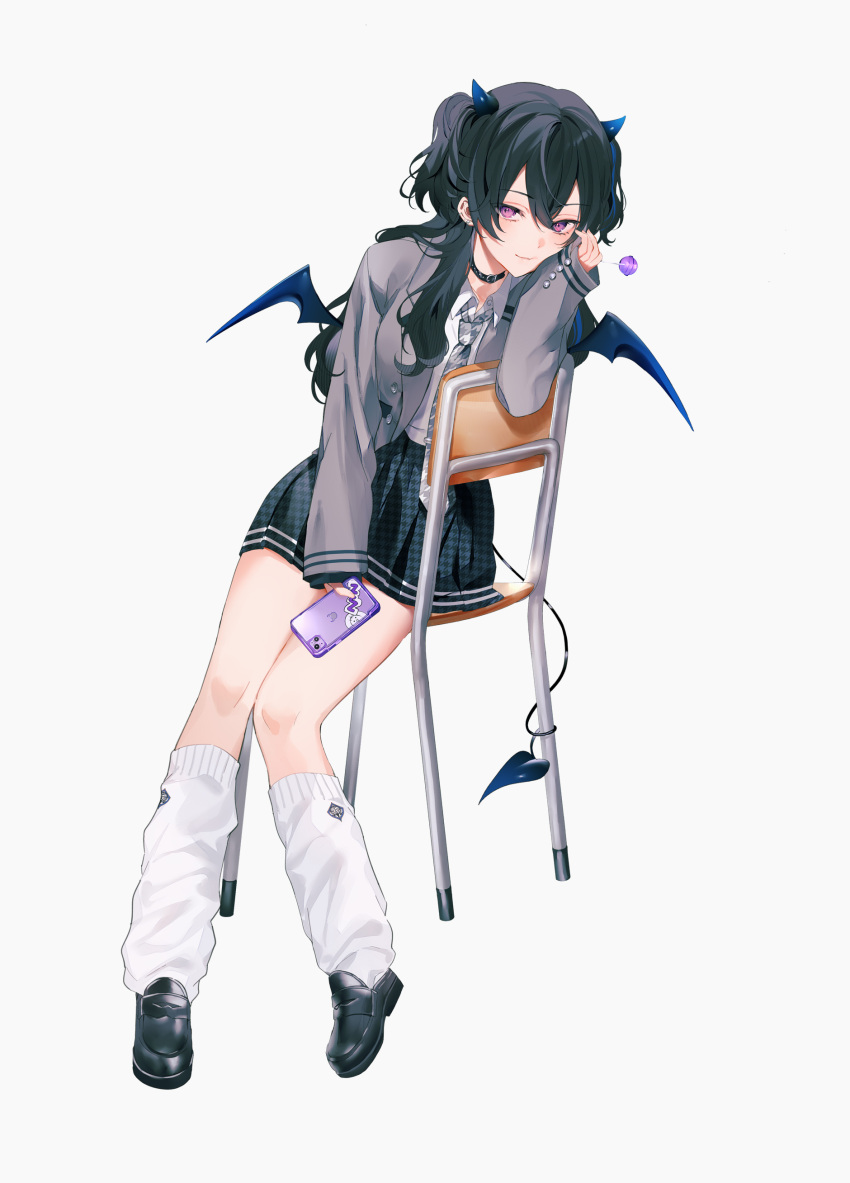 1girl absurdres achiki black_choker black_footwear black_hair black_skirt blazer blue_hair candy cellphone chair choker demon_girl demon_horns demon_tail demon_wings earrings food grey_jacket hand_on_own_face highres holding holding_candy holding_food holding_lollipop holding_phone horns ichinose_uruha ichinose_uruha_(6th_costume) jacket jewelry loafers lollipop long_hair looking_at_viewer loose_socks lupinus_virtual_games multicolored_hair phone pleated_skirt purple_eyes shoes simple_background sitting skirt smartphone smile socks solo streaked_hair tail twintails virtual_youtuber vspo! white_background white_socks wings