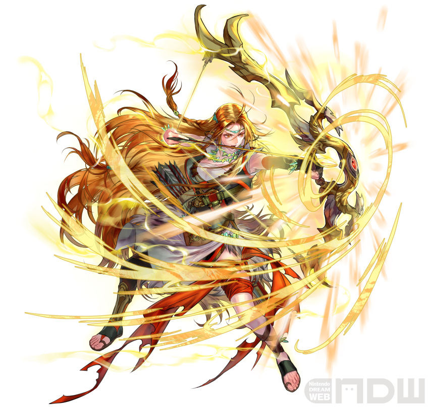 1girl absurdres arrow_(projectile) blonde_hair bow_(weapon) braid circlet earrings fingerless_gloves fire_emblem fire_emblem:_genealogy_of_the_holy_war fire_emblem_heroes full_body fur_trim gladiator_sandals gloves highres holding holding_bow_(weapon) holding_weapon hoop_earrings jewelry long_hair necklace official_art sandals shiny simple_background single_thighhigh suzuki_rika thighhighs toeless_footwear ullr_(fire_emblem) very_long_hair weapon white_background yellow_eyes yewfelle_(fire_emblem)