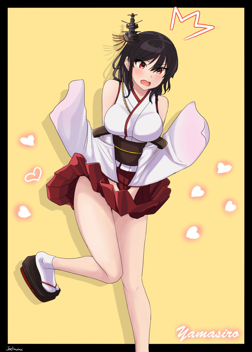 :o absurdres artist_name bare_shoulders black_border black_hair blush border breasts character_name clothes_lift commentary_request detached_sleeves embarrassed hair_between_eyes hair_ornament heart highres japanese_clothes jousanrou kantai_collection kimono large_breasts leg_up nontraditional_miko pleated_skirt red_eyes red_skirt sandals signature simple_background skirt skirt_tug sleeveless sleeveless_kimono surprised tabi white_kimono white_legwear white_sleeves wide_sleeves wind wind_lift yamashiro_(kancolle) yellow_background
