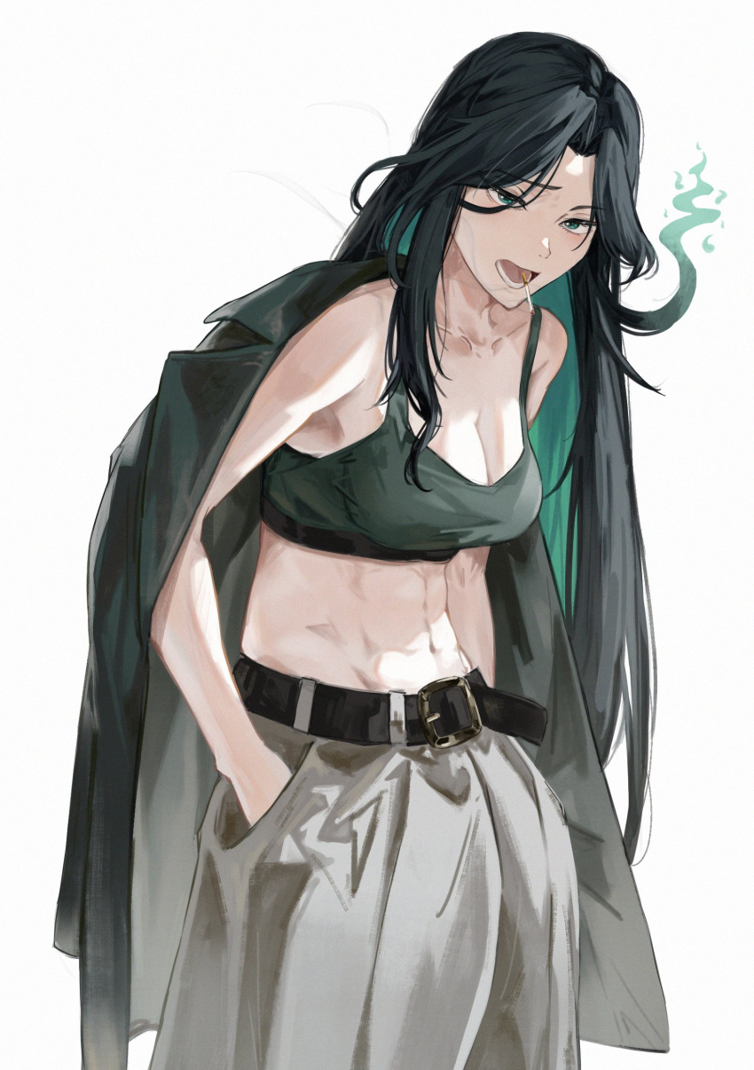 1girl absurdres algorhythm_project black_hair black_jacket breasts cigarette crop_top evalia_(algorhythm_project) green_hair grey_pants highres jacket kamiro_(kamin_r0) long_hair medium_breasts midriff mouth_hold pants solo stomach virtual_youtuber