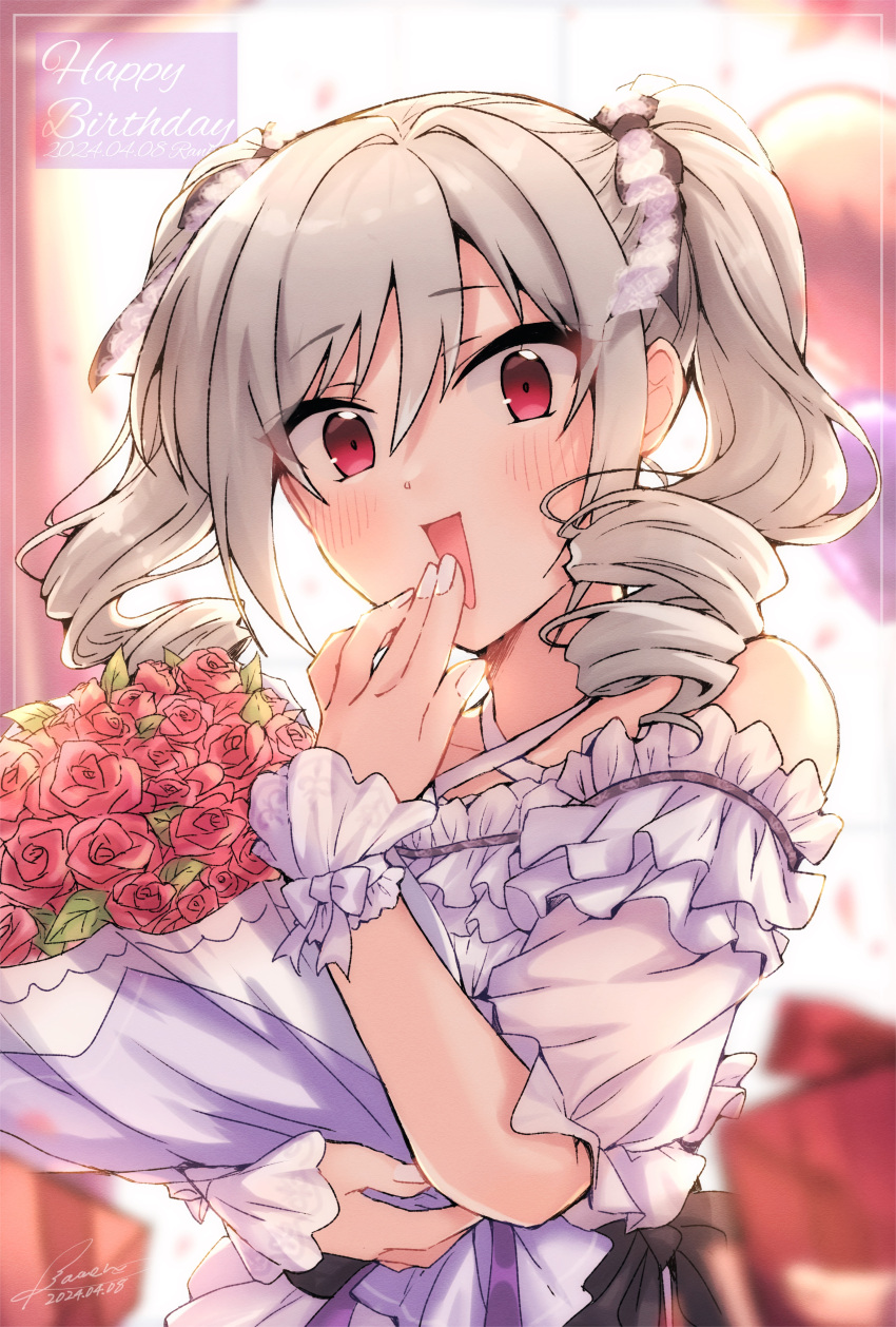 1girl absurdres bare_shoulders blush bouquet commentary_request dress drill_hair grey_hair happy_birthday highres holding holding_bouquet idolmaster idolmaster_cinderella_girls kameno223 kanzaki_ranko open_mouth red_eyes smile solo twin_drills upper_body wrist_cuffs