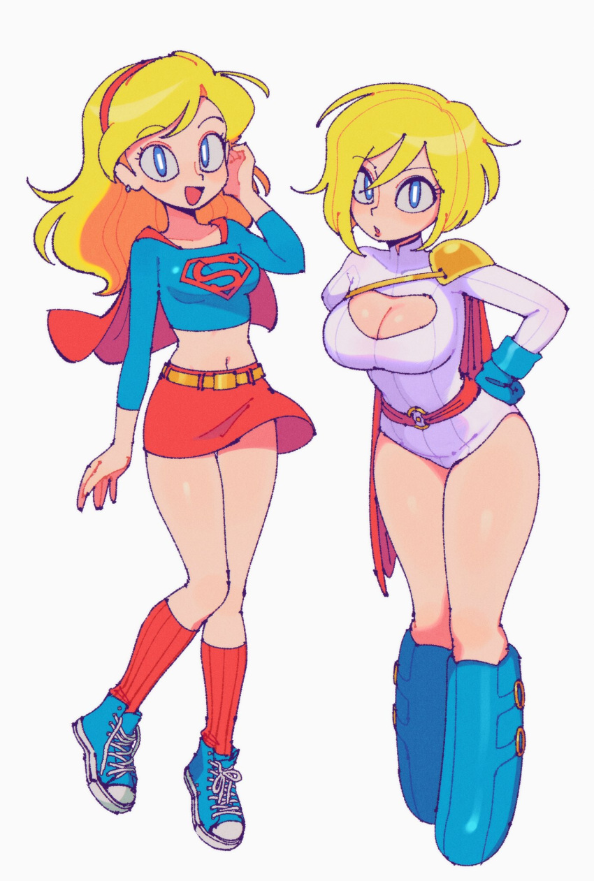 2girls batrobin_k blonde_hair blue_eyes boots breasts cape cleavage cleavage_cutout clothing_cutout commentary crop_top cropped_shirt dc_comics hairband highres kneehighs large_breasts leotard long_hair medium_breasts medium_hair midriff miniskirt multiple_girls navel open_mouth power_girl red_cape red_hairband red_skirt red_socks shoes skirt smile sneakers socks supergirl superman_(series) white_leotard