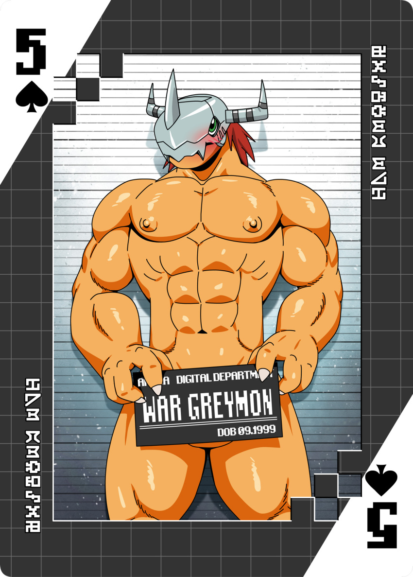 abs anthro armor bandai_namco blush covering covering_crotch digimon digimon_(species) five_of_spades hair headgear helmet hi_res male mugshot muscular muscular_anthro muscular_male nipples nude orange_body pecs red_hair roaringmoon solo wargreymon