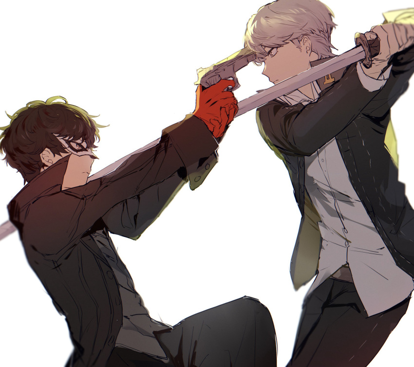 2boys amamiya_ren backlighting black_coat black_hair black_jacket black_pants closed_mouth coat domino_mask from_side gakuran gloves grey_eyes grey_hair grey_vest gun gun_to_head handgun highres holding holding_gun holding_sword holding_weapon jacket katana long_sleeves male_focus mask multiple_boys narukami_yuu on_one_knee open_clothes open_coat open_jacket pants persona persona_4 persona_5 persona_q2:_new_cinema_labyrinth persona_q_(series) red_gloves room_rem school_uniform serious shirt short_hair simple_background sword vest weapon white_background white_mask white_shirt yasogami_school_uniform