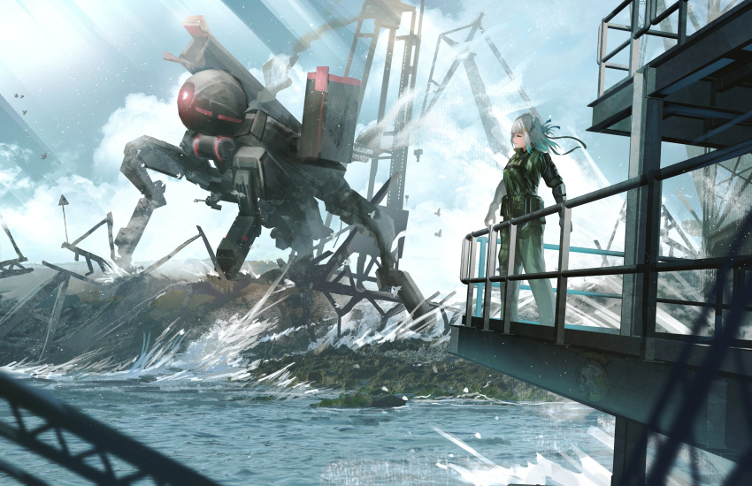 1girl advarcher aqua_hair big_boss big_boss_(cosplay) bow closed_eyes cosplay destruction gloves gradient_hair highres indie_virtual_youtuber maid_headdress mecha medium_hair metal_gear_(series) military mint_fantome multicolored_hair outdoors peace_walker_(mecha) robot smile solo uniform virtual_youtuber water white_hair