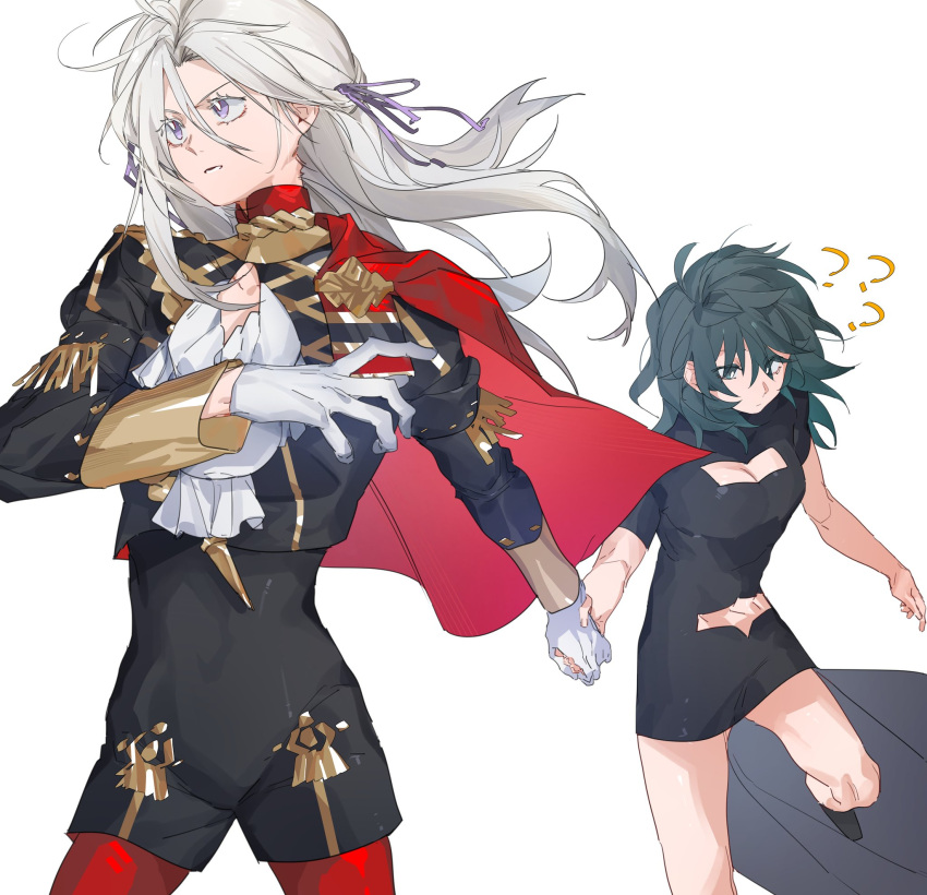 2girls ? ?? bare_arms black_dress black_jacket black_shorts blue_eyes blue_hair breasts bright_pupils byleth_(female)_(fire_emblem) byleth_(fire_emblem) cape cleavage cleavage_cutout closed_mouth clothing_cutout commentary dress edelgard_von_hresvelg fire_emblem fire_emblem:_three_houses gloves hair_ribbon hashtag-only_commentary highres holding_hands jacket long_hair medium_breasts molu_stranger multiple_girls pantyhose parted_lips purple_eyes purple_ribbon red_cape red_pantyhose ribbon shirt shorts simple_background white_background white_gloves white_hair white_pupils white_shirt