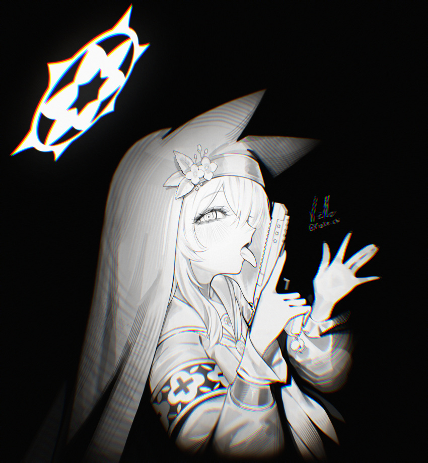 absurdres animal_ears black_background blue_archive chromatic_aberration greyscale gun habit hair_ornament halo handgun highres leaf leaf_hair_ornament looking_at_viewer mari_(blue_archive) monochrome nail_polish neckerchief nun signature vialle weapon