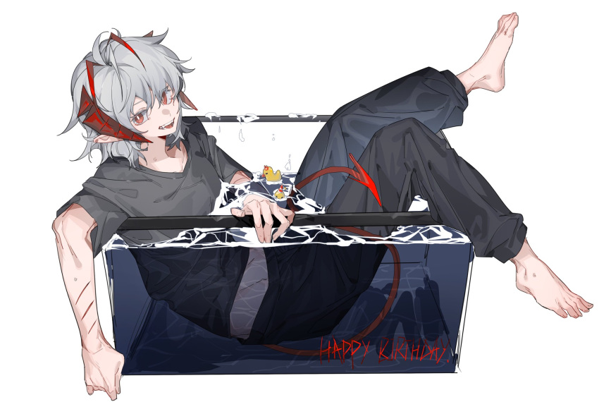 1girl antennae arknights barefoot black_pants bright_pupils commentary demon_tail fish_tank full_body grey_hair grey_shirt happy_birthday highres horns looking_at_viewer molu_stranger open_mouth orange_eyes pants partially_submerged rubber_duck scar scar_on_arm shirt short_hair short_sleeves simple_background smile solo tail toes w_(arknights) water wet white_background white_pupils