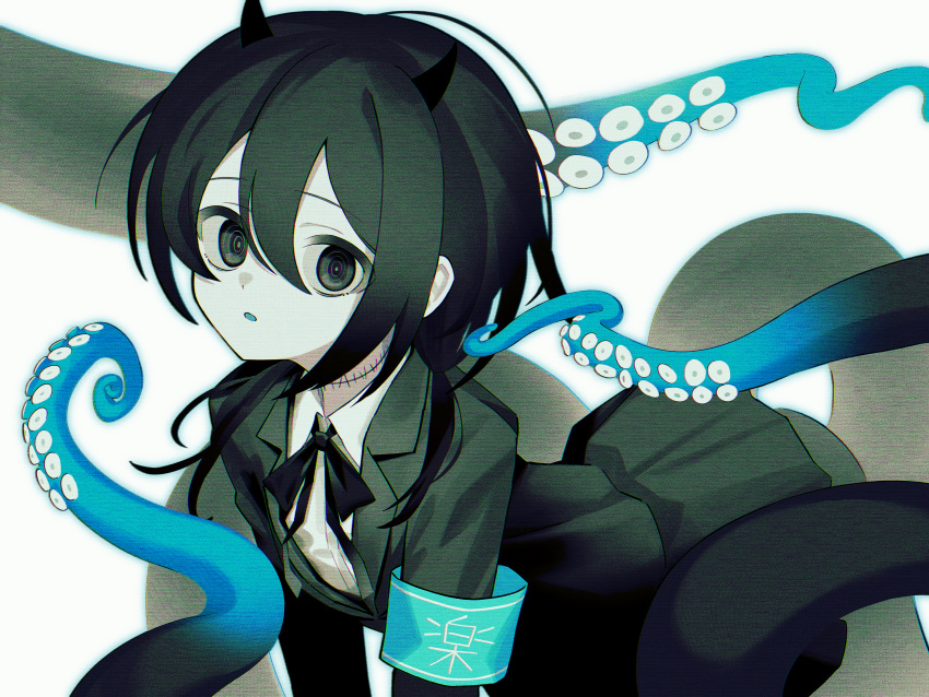 1girl absurdres all_fours black_eyes black_hair black_jacket black_skirt blue_tongue chromatic_aberration collared_shirt colored_tongue commentary_request expressionless feet_out_of_frame hair_between_eyes hair_over_shoulder happa_de_happy highres horns indie_virtual_youtuber jacket looking_at_viewer low_twintails miniskirt open_mouth pale_skin ringed_eyes shirt simple_background skirt solo stitched_neck stitches tentacles twintails virtual_youtuber white_background white_shirt yamata_ia