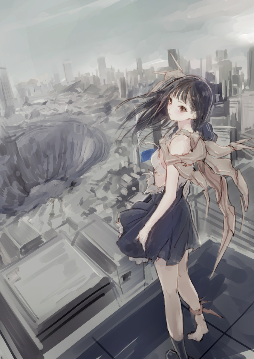 1girl absurdres black_hair blue_reflection_(series) blue_reflection_sun brown_eyes cityscape commentary_request concept_art crater expressionless highres kasuga_shiho kishida_mel long_hair looking_at_viewer on_roof overcast ruins sketch skirt sky solo torn_clothes wind