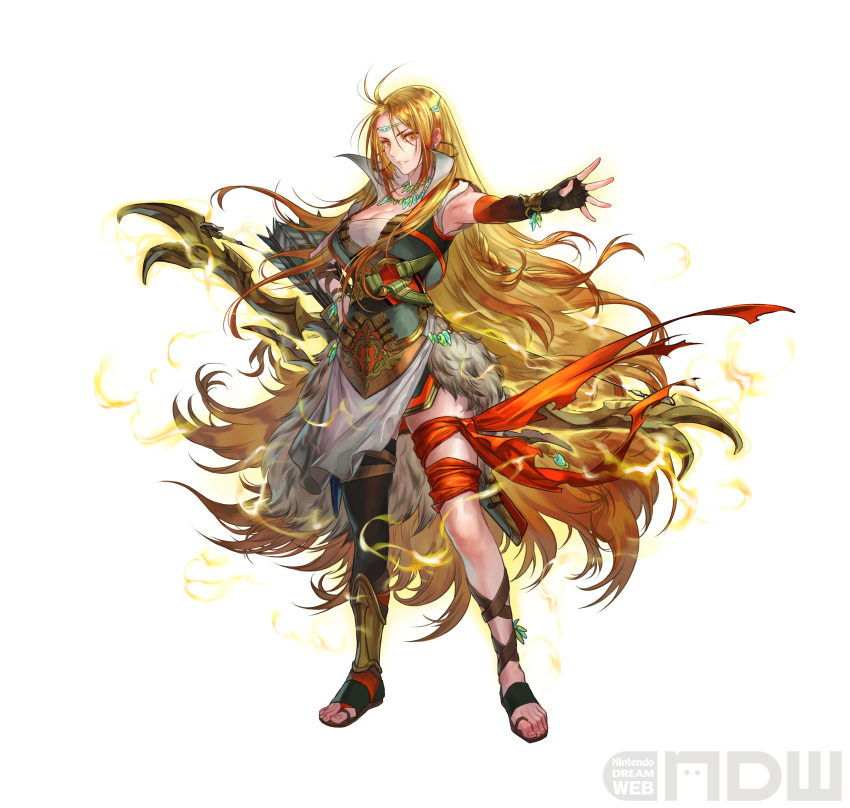 1girl absurdres arm_up arrow_(projectile) blonde_hair bow_(weapon) braid breasts circlet earrings fingerless_gloves fire_emblem fire_emblem:_genealogy_of_the_holy_war fire_emblem_heroes full_body fur_trim gladiator_sandals gloves hand_up highres hoop_earrings jewelry long_hair necklace official_art sandals shiny simple_background single_thighhigh suzuki_rika thighhighs toeless_footwear ullr_(fire_emblem) very_long_hair weapon white_background yellow_eyes yewfelle_(fire_emblem)