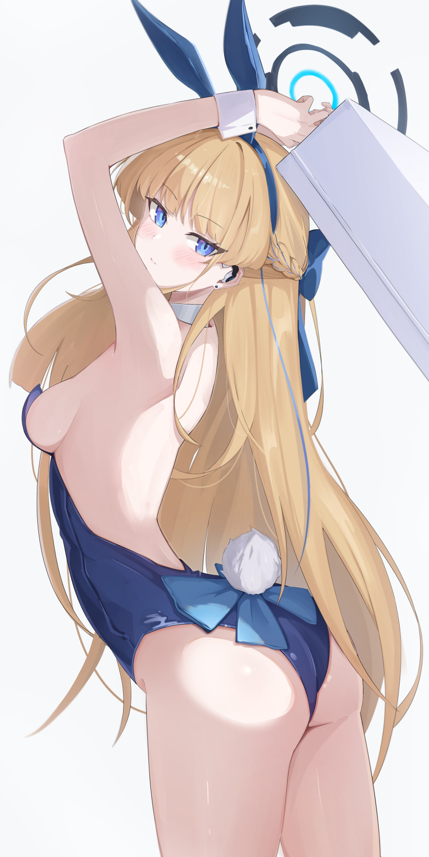 1girl absurdres animal_ears aqua_bow aqua_bowtie armpits arms_up blonde_hair blue_archive blue_eyes blue_hairband blue_halo blue_leotard bow bowtie breasts briefcase detached_collar earpiece fake_animal_ears fake_tail hairband halo highleg highleg_leotard highres holding holding_briefcase leotard looking_at_viewer medium_breasts mj_(xmj0309) official_alternate_costume playboy_bunny rabbit_ears sideboob solo strapless strapless_leotard tail thighhighs toki_(blue_archive) toki_(bunny)_(blue_archive) white_thighhighs white_wrist_cuffs wrist_cuffs