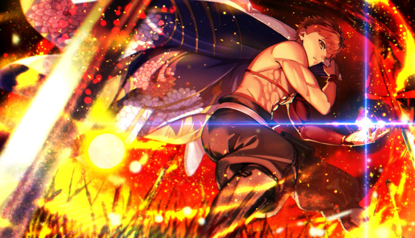 1boy akemori bangs blurry cowboy_shot depth_of_field embers emiya_shirou fate/grand_order fate_(series) field_of_blades fire floral_print glowing highres male_focus orange_eyes planted planted_sword red_hair senji_muramasa_(fate) solo sword toned toned_male weapon wristband