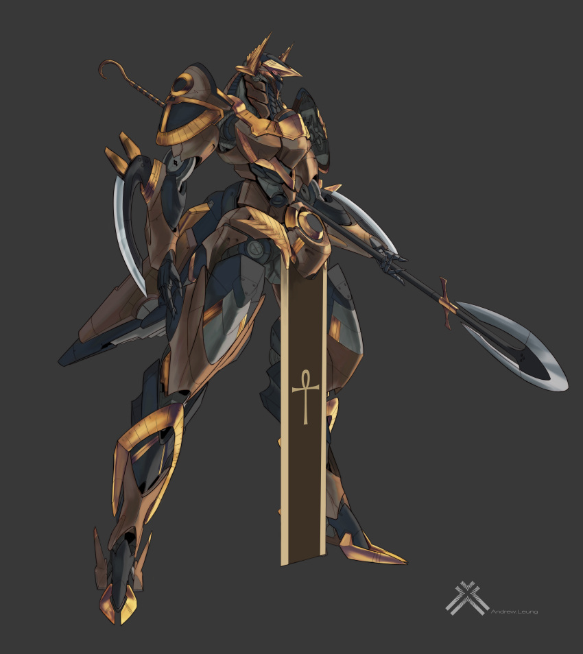 absurdres andrew_leung anubis_(iron_saga) artist_name full_body grey_background highres holding holding_polearm holding_weapon iron_saga machine mecha no_humans official_art polearm robot science_fiction simple_background weapon